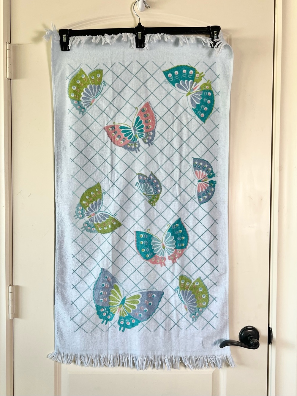 Vintage 70s Lady Pepperell Blue Butterfly Bath Towel Fringed Boho MCM